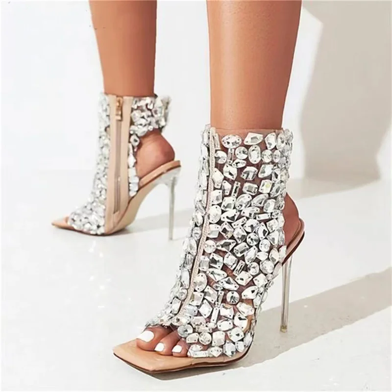 Women Shoes Zipper - SLSHLYJ デザイン 2026 新しいクリスタル/リベットジッパーサンダルステージ宴会ナイトクラブハイヒール女性の靴アプリコットシルバーマッチング