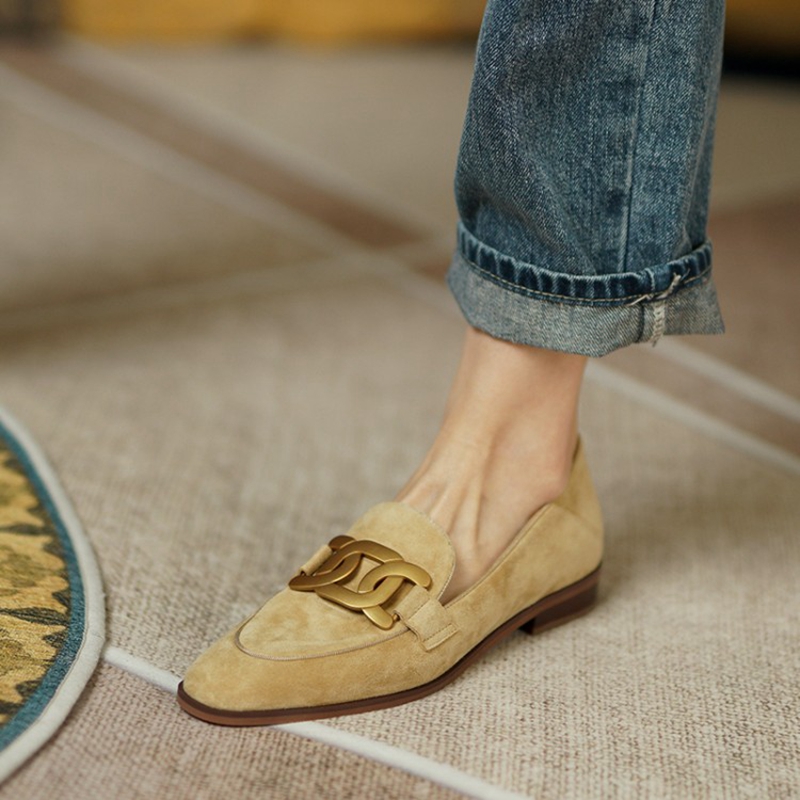 Women Shoes Loafers - 女性用スエードレザーモカシン,ラウンドトゥのローヒールシューズ,バックル付き,春と秋用
