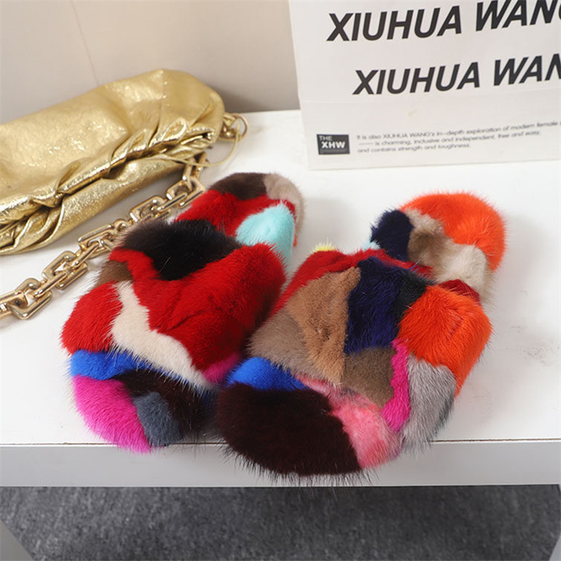 Fluffy Fur Slipper - 女性のふわふわスリッパ冬のホームスリッパ暖かい豪華なミンクの毛皮のスリッパ快適な女性のスライドシューズ女性のための毛皮のスリッパ