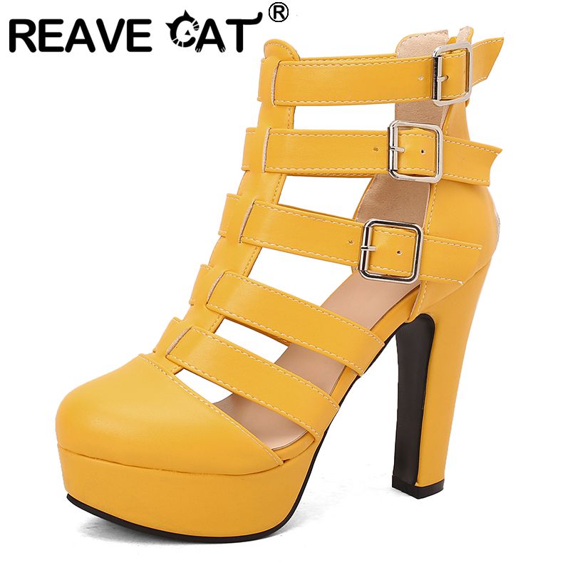 Women Shoes Zipper - Reave cat-女性用の丸いつま先のチャンキーヒール,プラットフォーム12cm,3.5cm,ジッパー,ベルトバックル,大型サイズ48, 49, 50,高級デートシューズ