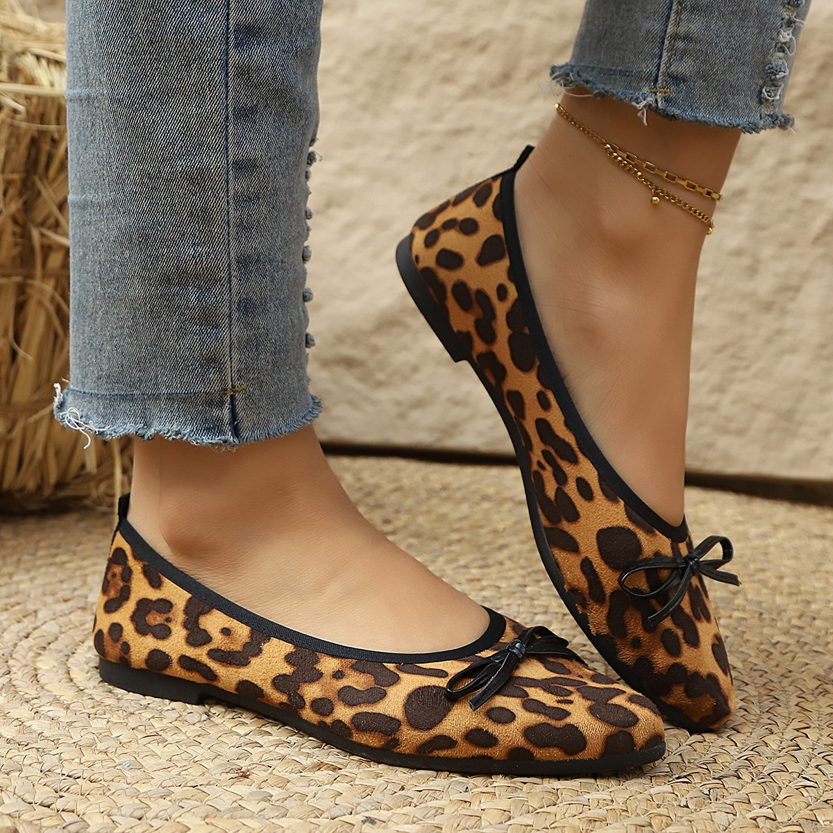 Women Shoes Loafers - 2026 レオパード柄フラットシューズ レディース ラウンドトゥ リボンタイ ワークシューズ