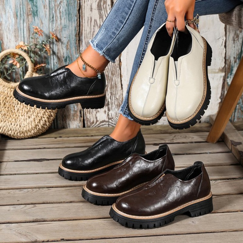Women Shoes Loafers - レトロな英国風レディースシューズ 春秋 厚底ヒール シングルシューズ 快適なウォーキングシューズ