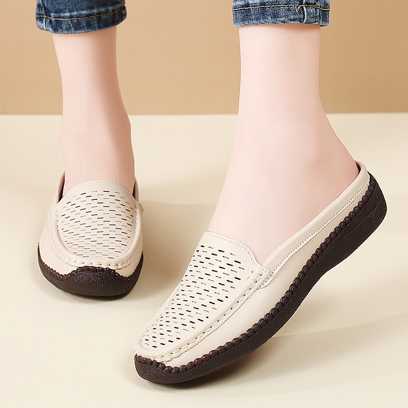 Slip On Mule Flat - プラスサイズ 36-43 春夏 通気性のあるラウンドトゥ ホローシューズ フラットプラットフォーム