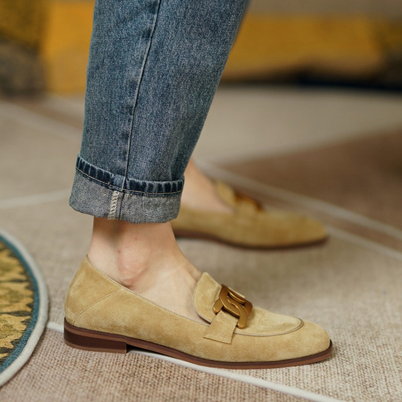 女性用スエードレザーモカシン,ラウンドトゥのローヒールシュー - Women Shoes Loafers のレビューと価格