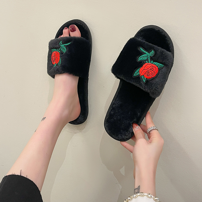 女性用秋冬ローズフラワー刺繍ファー付きスリッパ ふわふわフェ - Fluffy Fur Slipper のレビューと価格