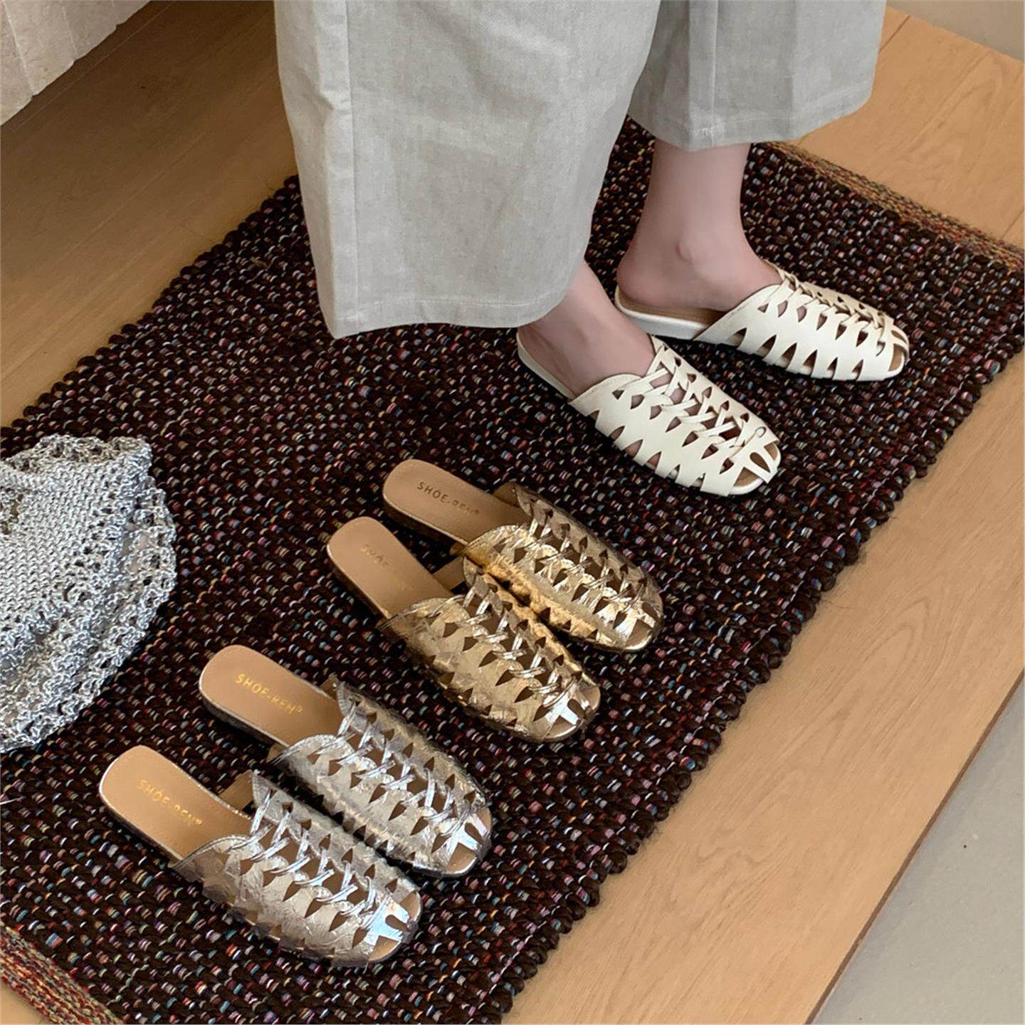 高級ブランド手作り織りメッシュ中空デザイン女性用快適通気性ラ - Slip On Mule Flat のレビューと価格