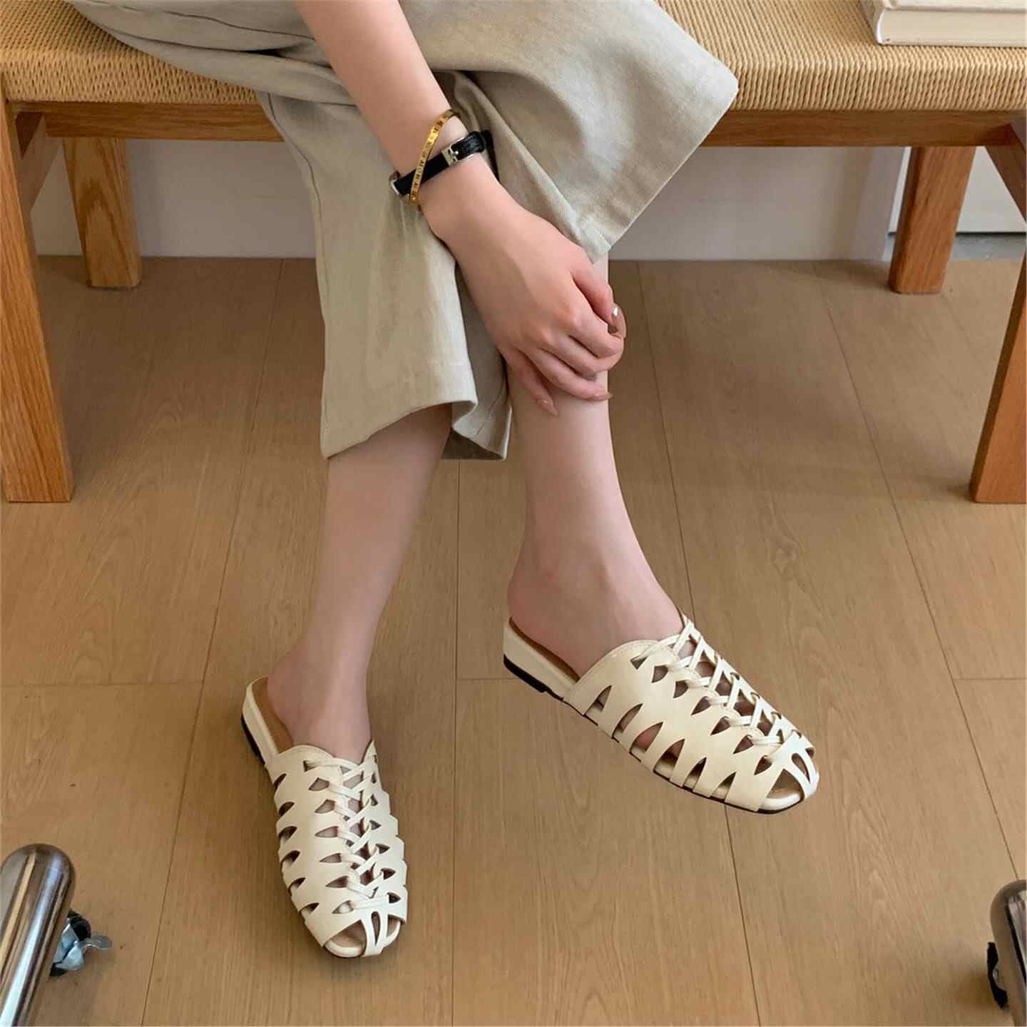 高級ブランド手作り織りメッシュ中空デザイン女性用快適通気性ラ - Slip On Mule Flat のレビューと価格