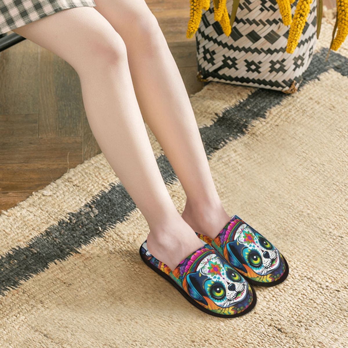 カスタムメイドのメキシカンフローラルスカル柄ドッグハウススリ - Fluffy Fur Slipper のレビューと価格
