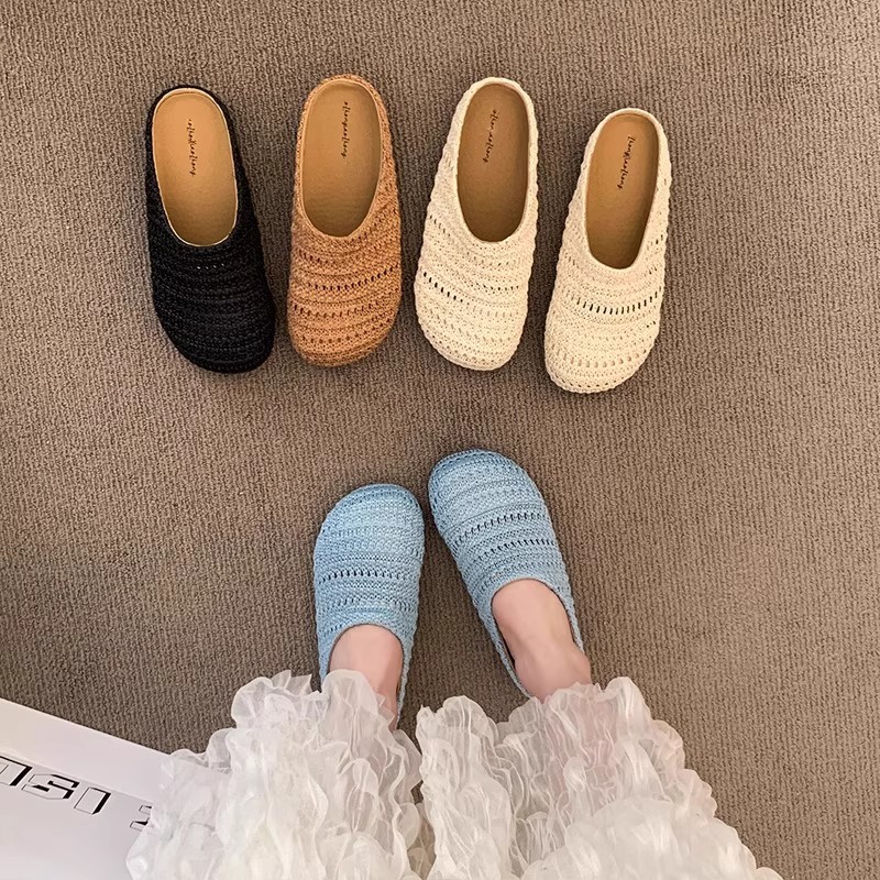 女性用ラフィア織りミュールスリッパ、夏用通気性メッシュ、つま - Slip On Mule Flat のレビューと価格