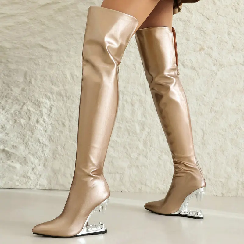 女性のための虎の歯が生えるサメの口のハイヒール、膝の長いブー - Women'S Shoes X Wide のレビューと価格