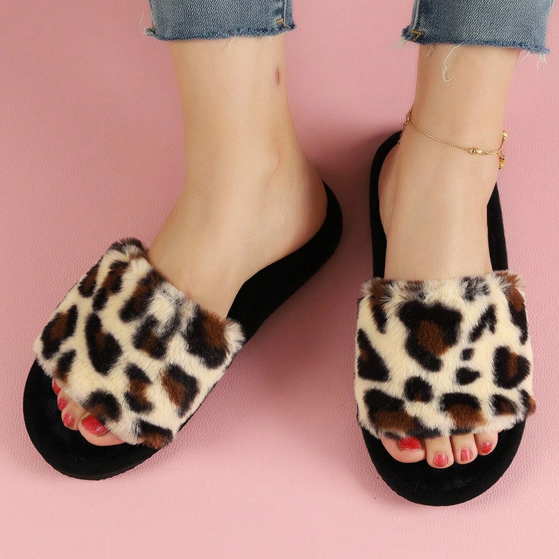 レディースファッション　レオパード柄　ファーサンダル　オープ - Fluffy Fur Slipper のレビューと価格