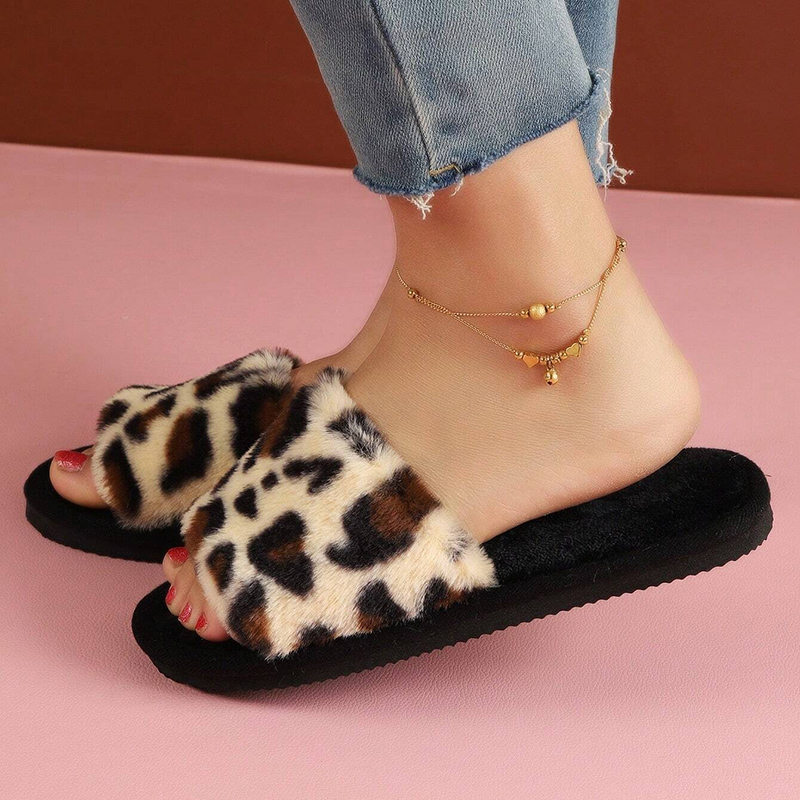 レディースファッション　レオパード柄　ファーサンダル　オープ - Fluffy Fur Slipper のレビューと価格